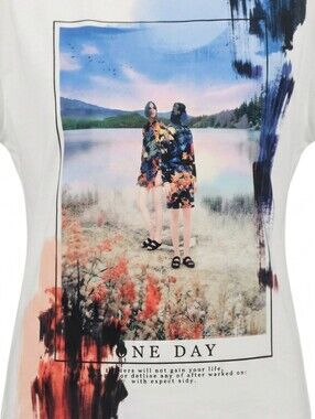 Women's Graphic Print Knit T-shirt White Multicolor V-neck Short Sleeve S Small
